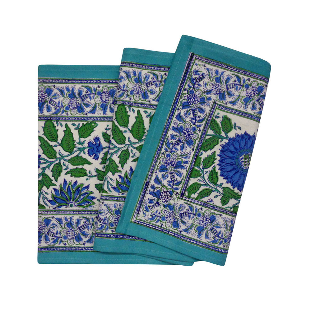 Hand Block Printed Cotton Canvas Table Runner 33x170 cms Surajmukhi Blue Open 207560