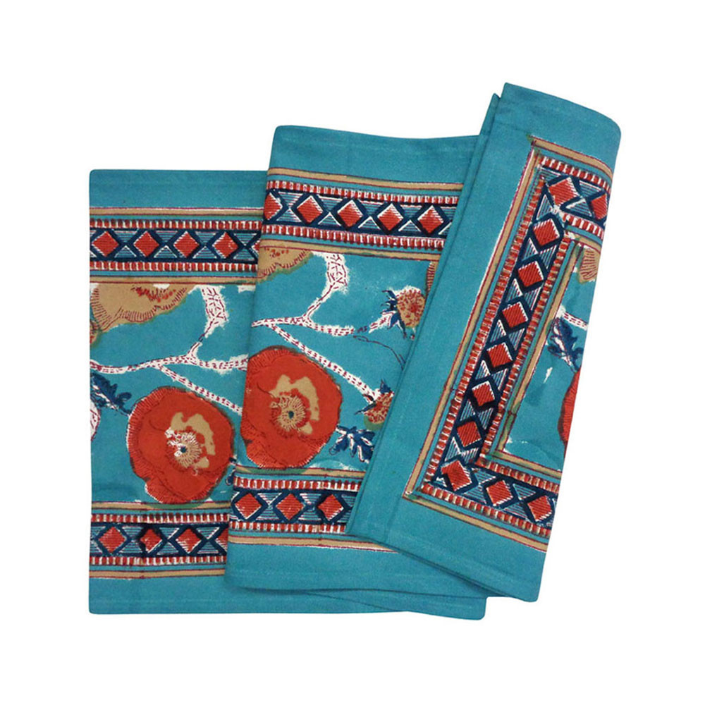 Image of Hand Block Printed Cotton Canvas Table Runner 33x170 cms | Teal Flower Gud 205147