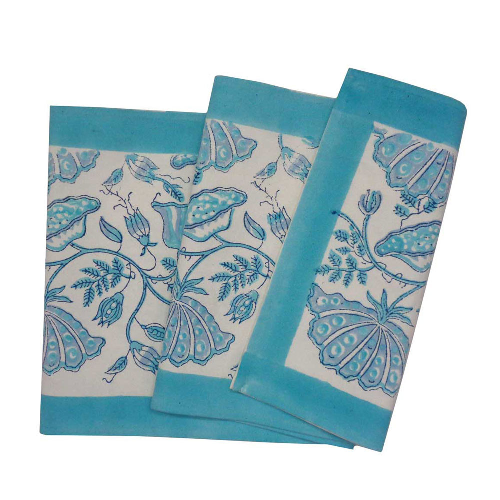 Hand Block Printed Cotton Canvas Table Runner 33x170 cms Waterlily Aqua 205016