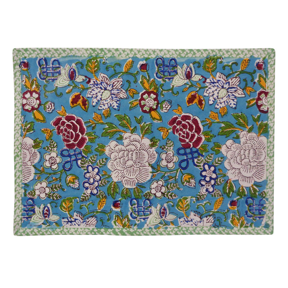 Hand Block Printed Cotton Canvas Tablemat 32x48 Set of 2 Tablemats  Floral Canvas Blue Jade Gud 206865