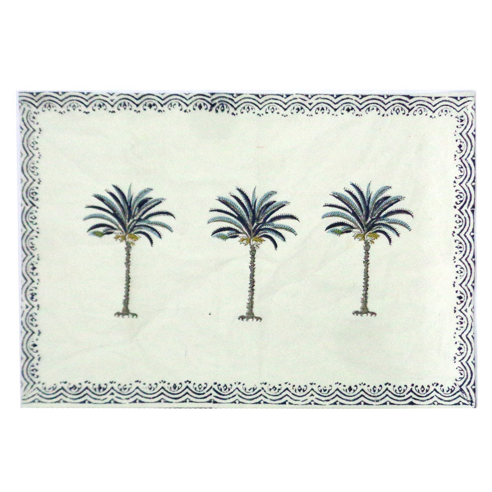 Hand Block Printed Cotton Canvas Tablemat 32x48 Set of 2 Tablemats Three Palm Blue Border 104905