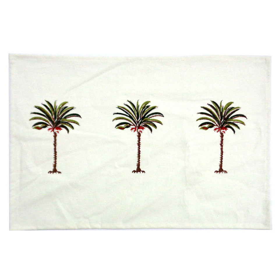 Hand Block Printed Cotton Canvas Tablemat 32x48 Set of 2 Tablemats Three Palm Green 104894