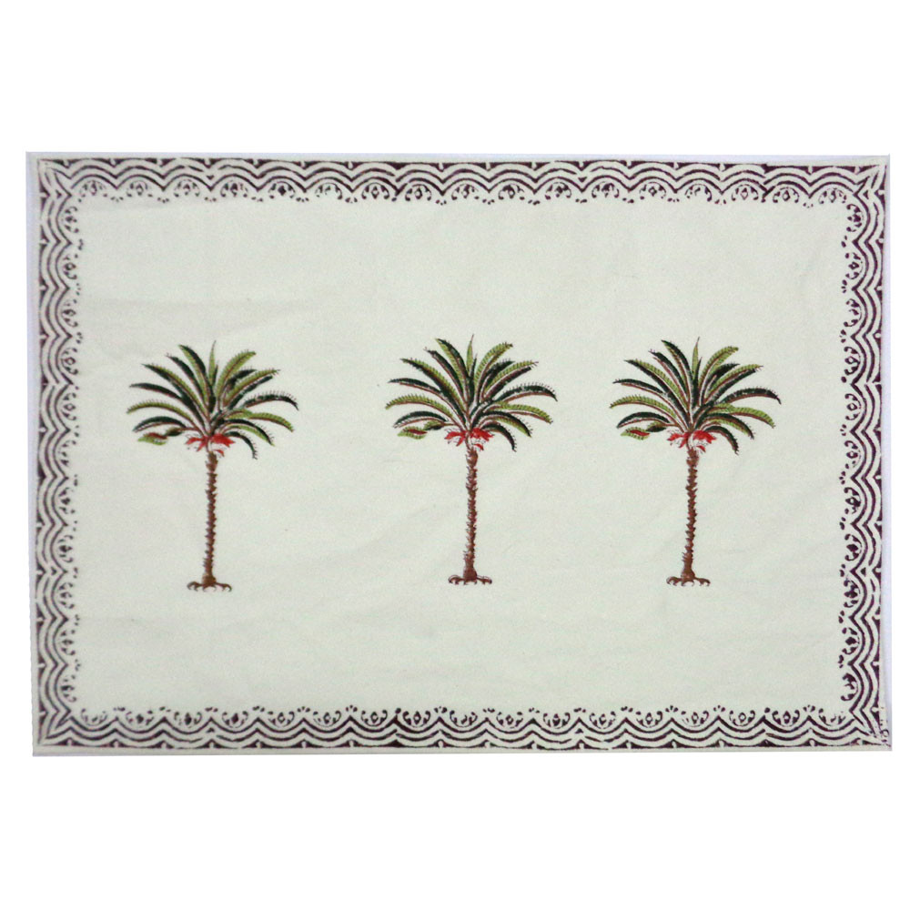 Hand Block Printed Cotton Canvas Tablemat 32x48 Set of 2 Tablemats Three Palm Green Border 104907