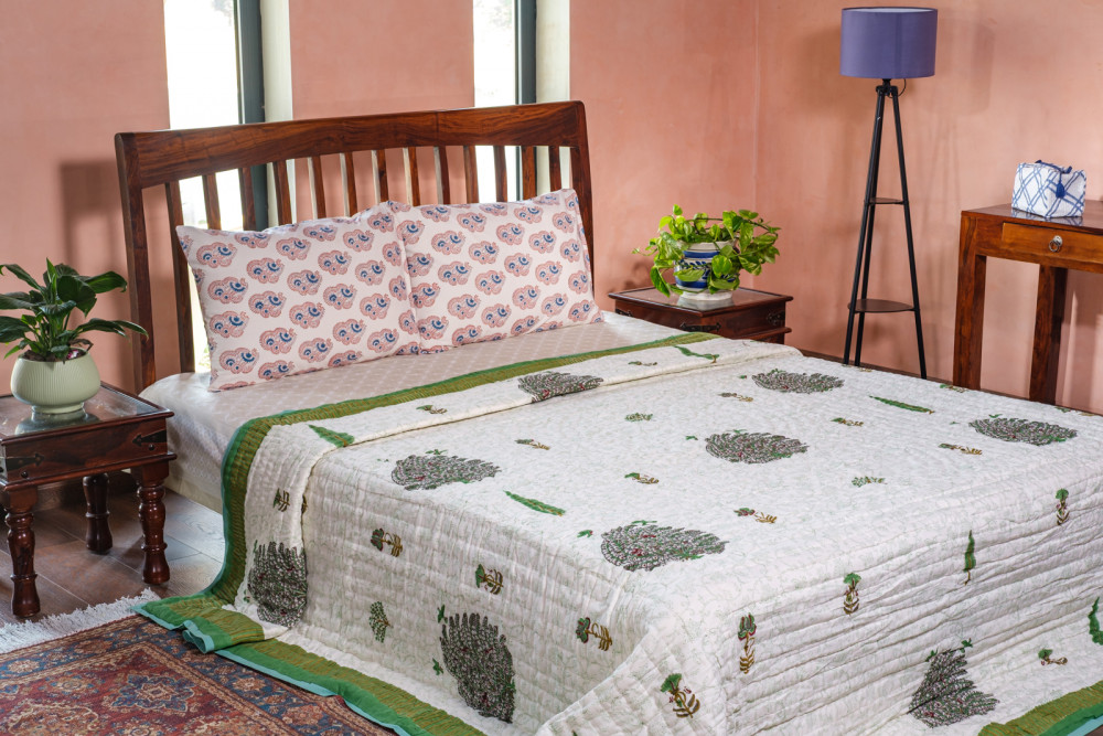 Image of Hand Block Printed Cotton King Size Quilt | Arabian Bird Green 205320