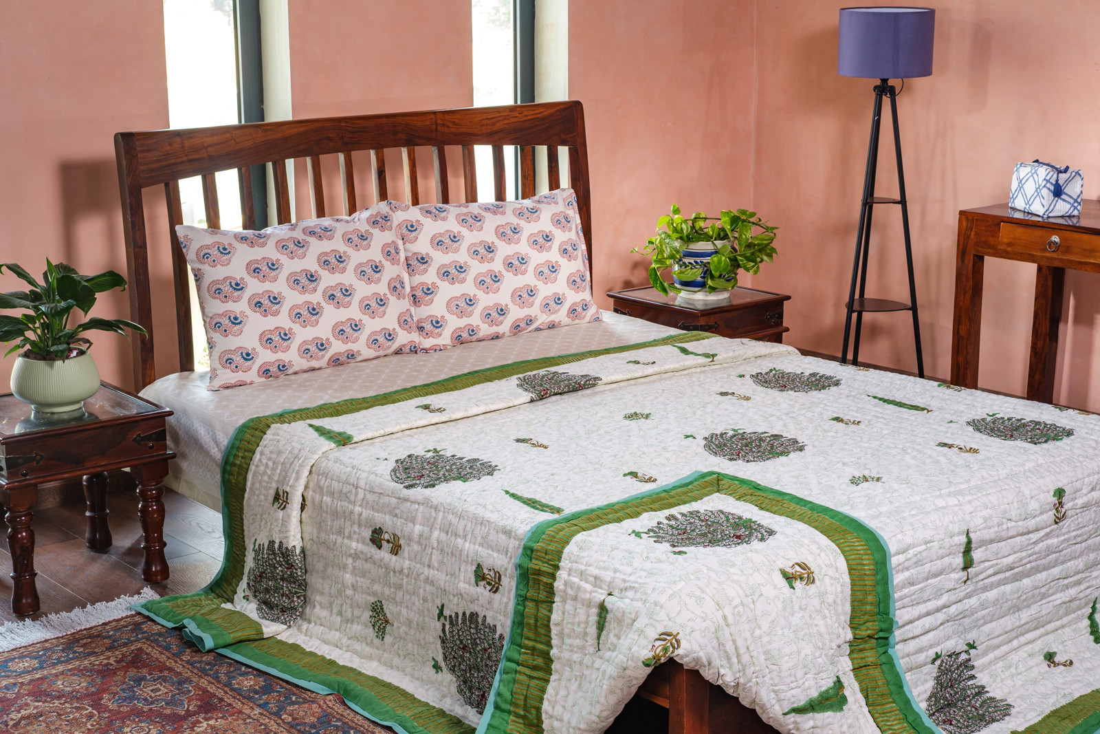 Hand Block Printed Cotton King Size Quilt  Arabian Bird Green 205320