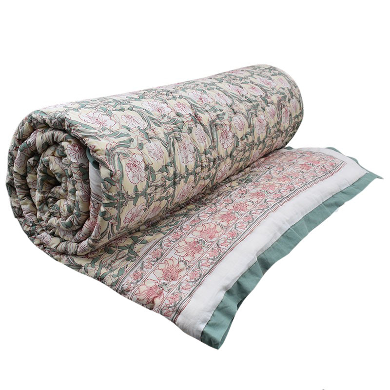 Hand Block Printed Cotton King Size Quilt Bauhaus Beige Gud 505032