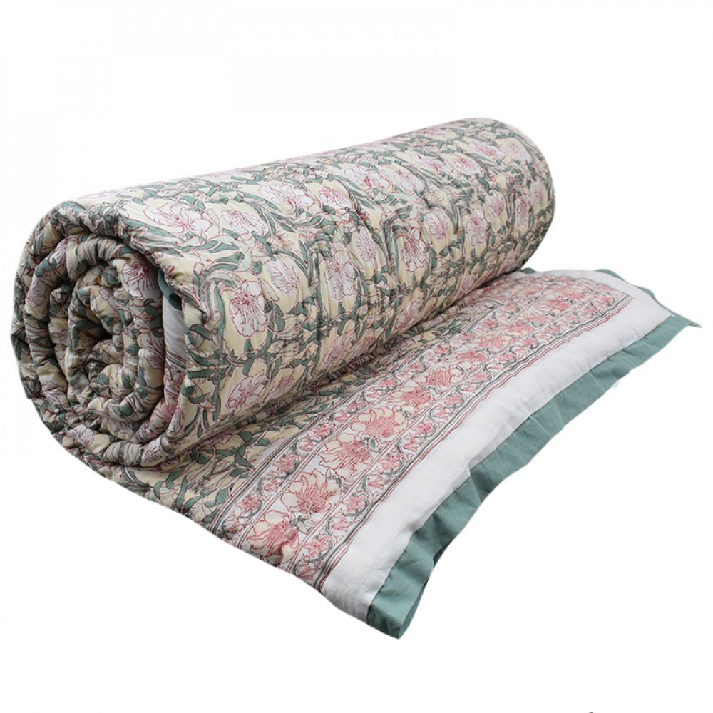 Image of Hand Block Printed Cotton King Size Quilt | Bauhaus Beige Gud 505032