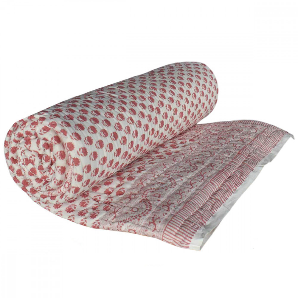 Image of Hand Block Printed Cotton King Size Quilt | Choti Booti Pink 202411
