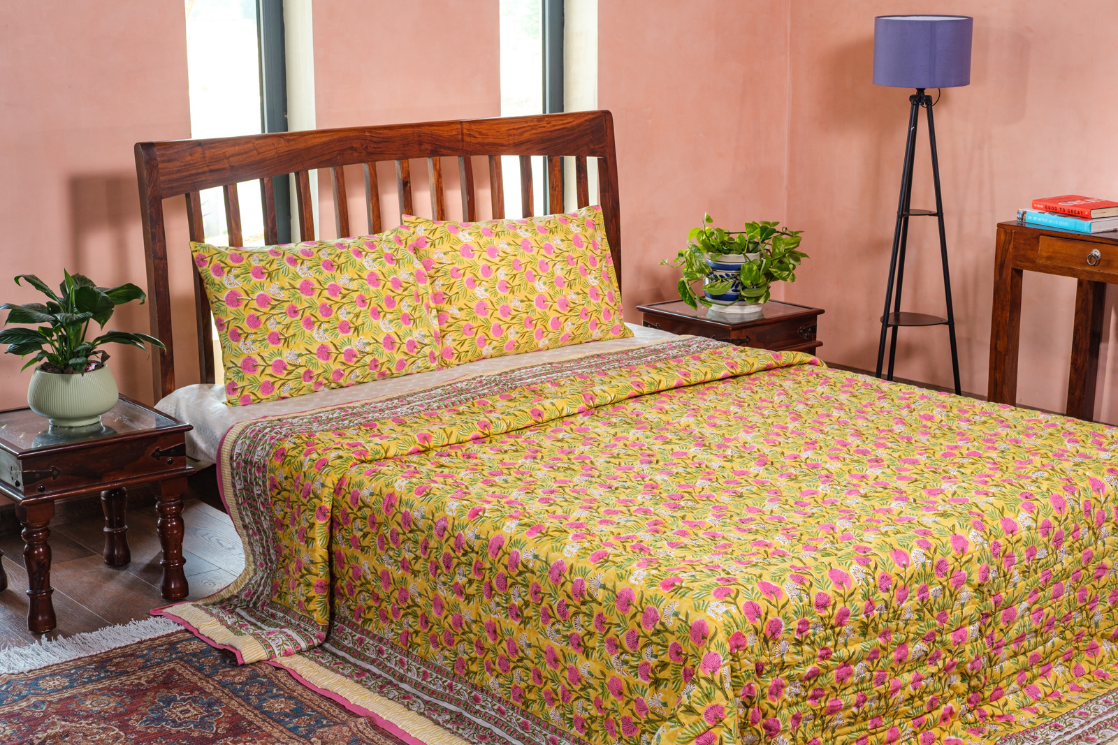 Hand Block Printed Cotton King Size Quilt Desert Blossom Pink 206293