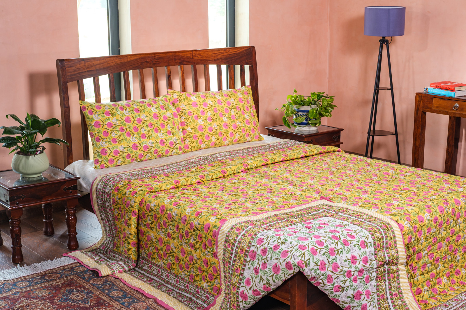 Hand Block Printed Cotton King Size Quilt Desert Blossom Pink 206293