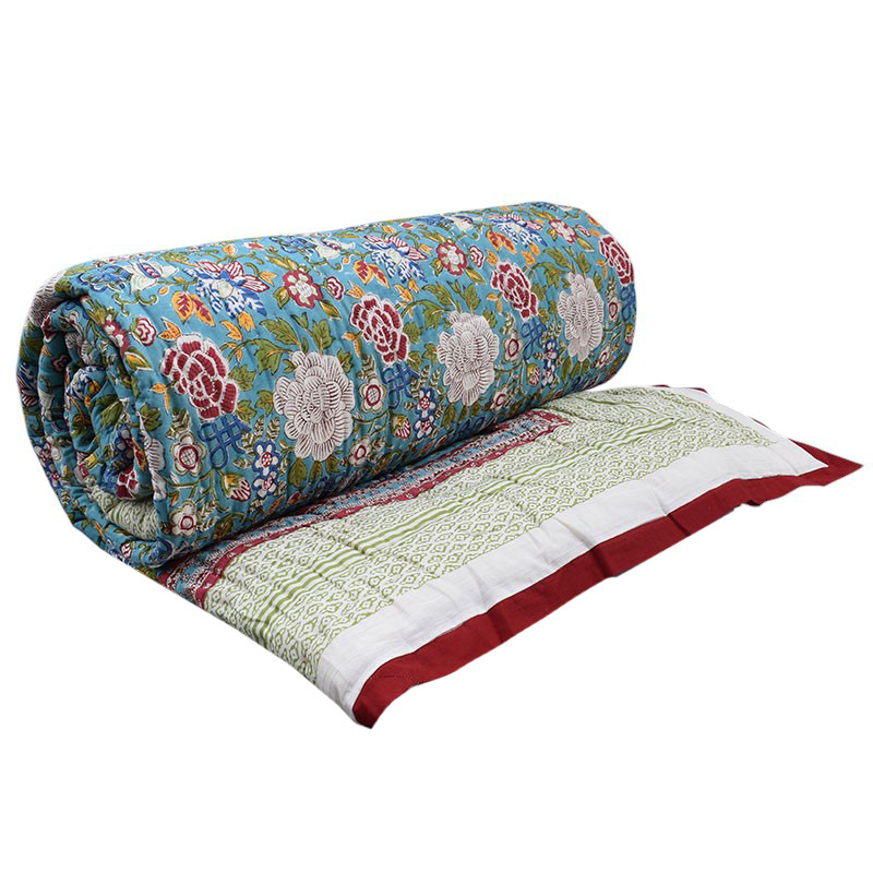 Hand Block Printed Cotton King Size Quilt Floral Canvas Blue Jade 102233