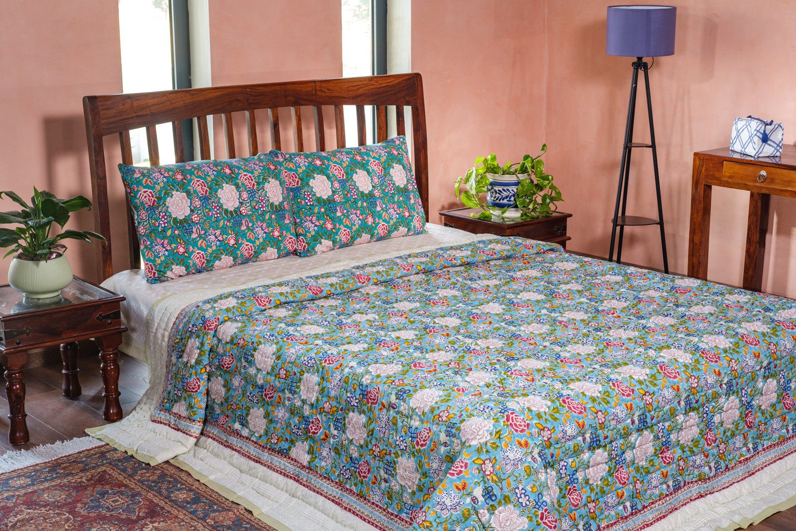 Hand Block Printed Cotton King Size Quilt  Floral Canvas Blue Jade 102233