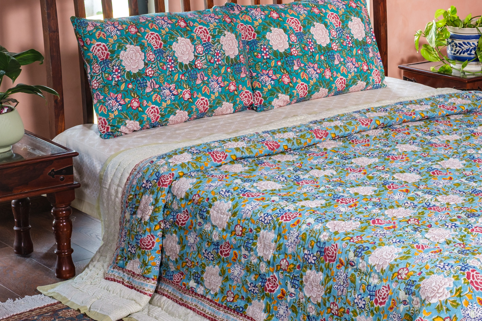 Hand Block Printed Cotton King Size Quilt  Floral Canvas Blue Jade 102233