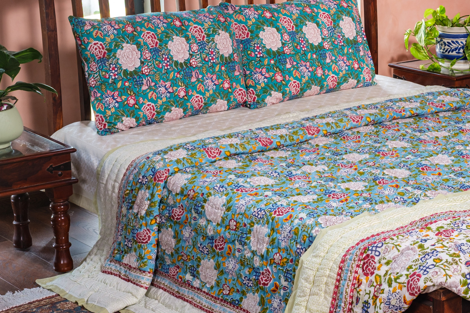 Hand Block Printed Cotton King Size Quilt Floral Canvas Blue Jade 102233