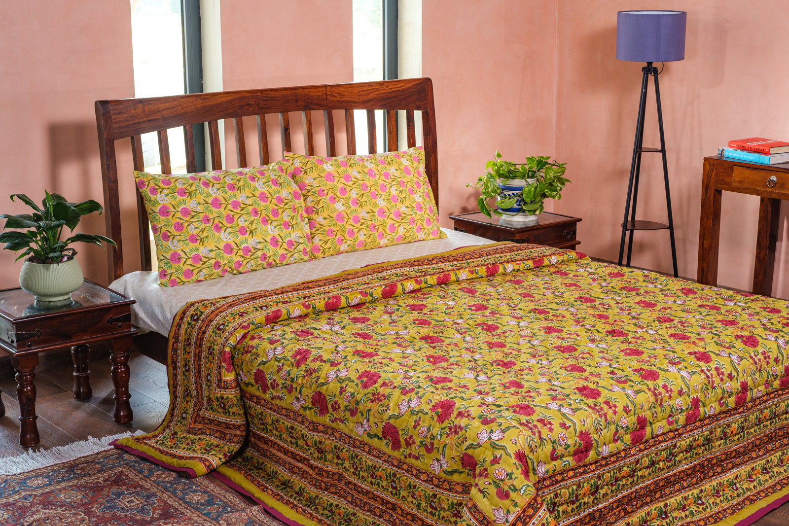 Hand Block Printed Cotton King Size Quilt Flower Blossom Canary 104164