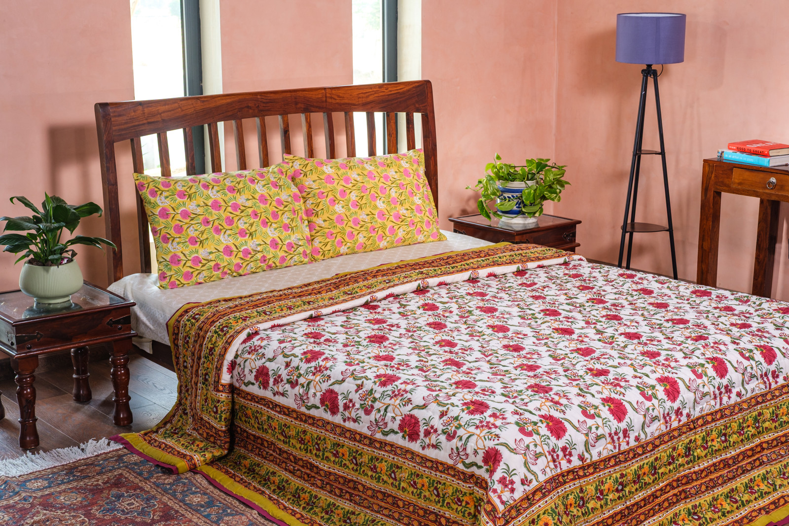 Hand Block Printed Cotton King Size Quilt Flower Blossom Canary 104164