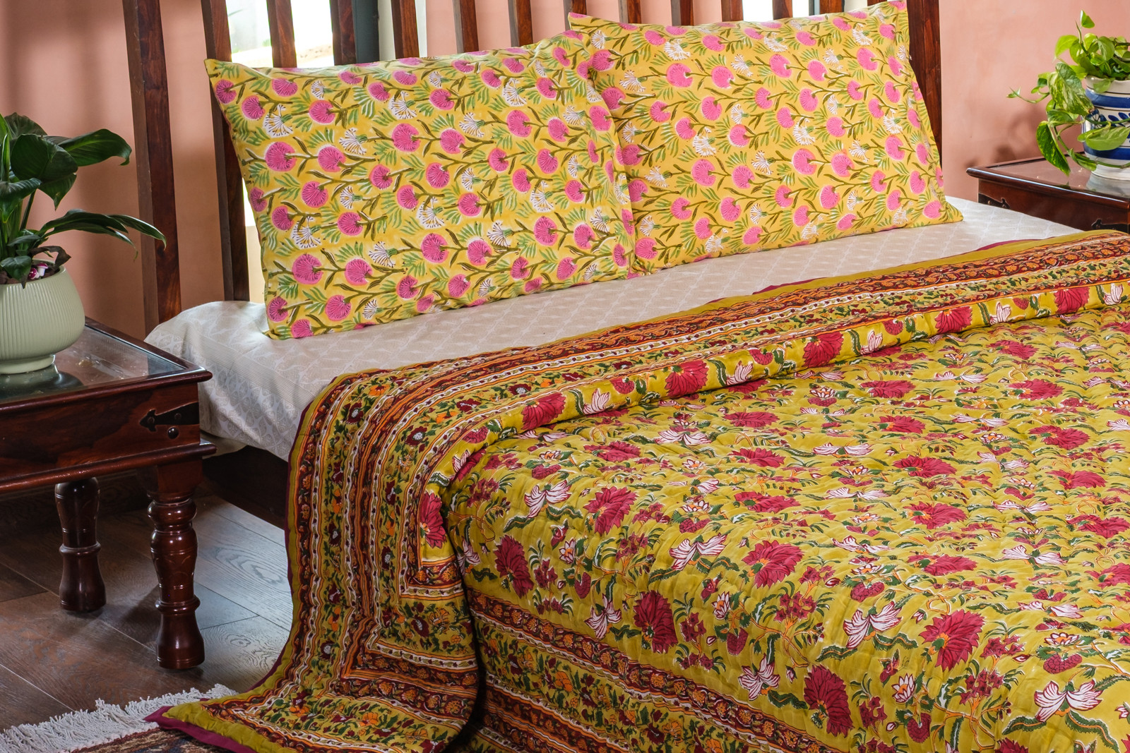 Hand Block Printed Cotton King Size Quilt  Flower Blossom Canary 104164