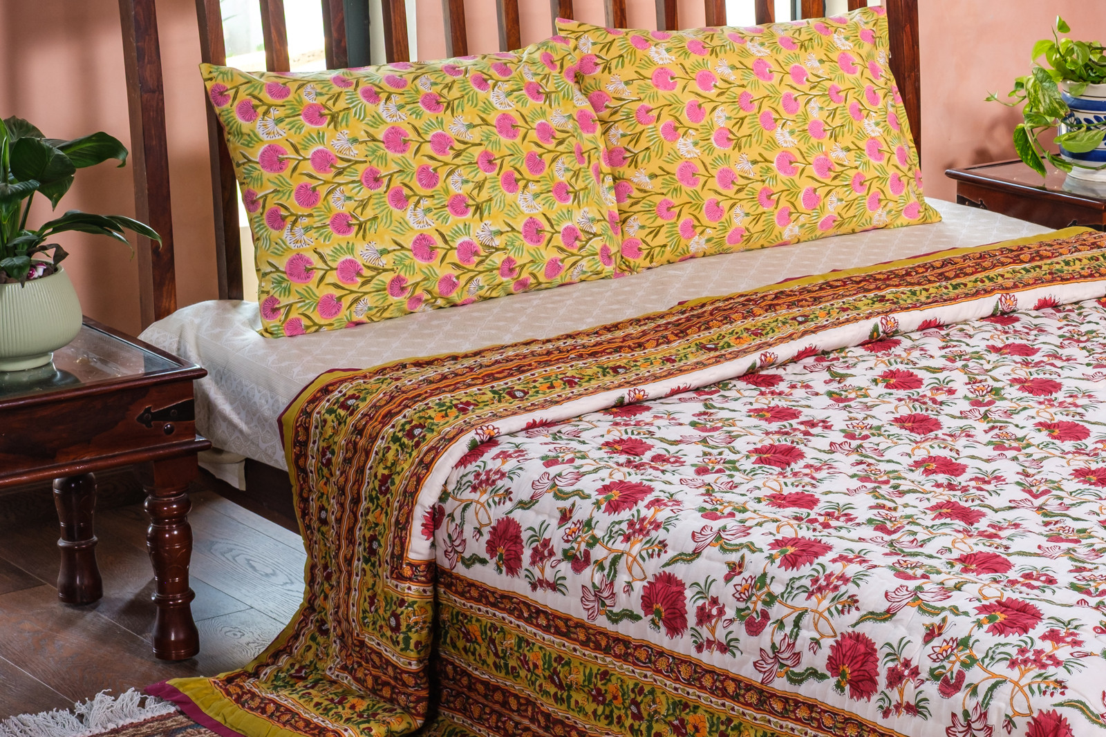 Hand Block Printed Cotton King Size Quilt Flower Blossom Canary 104164