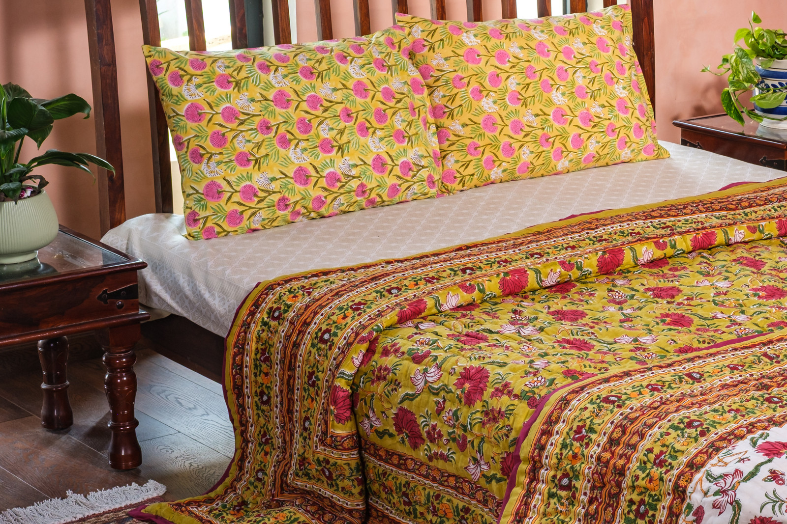 Hand Block Printed Cotton King Size Quilt Flower Blossom Canary 104164