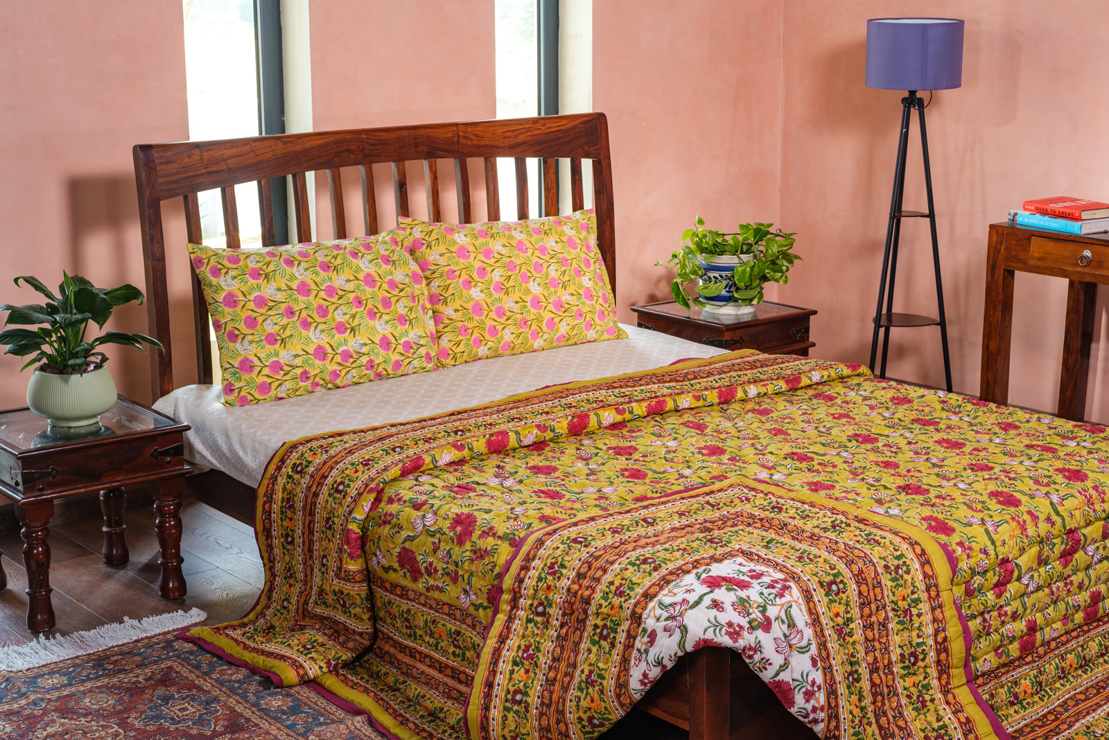 Hand Block Printed Cotton King Size Quilt Flower Blossom Canary 104164