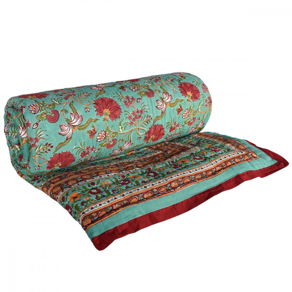 Image of Hand Block Printed Cotton King Size Quilt | Flower Blossom Jade 206139