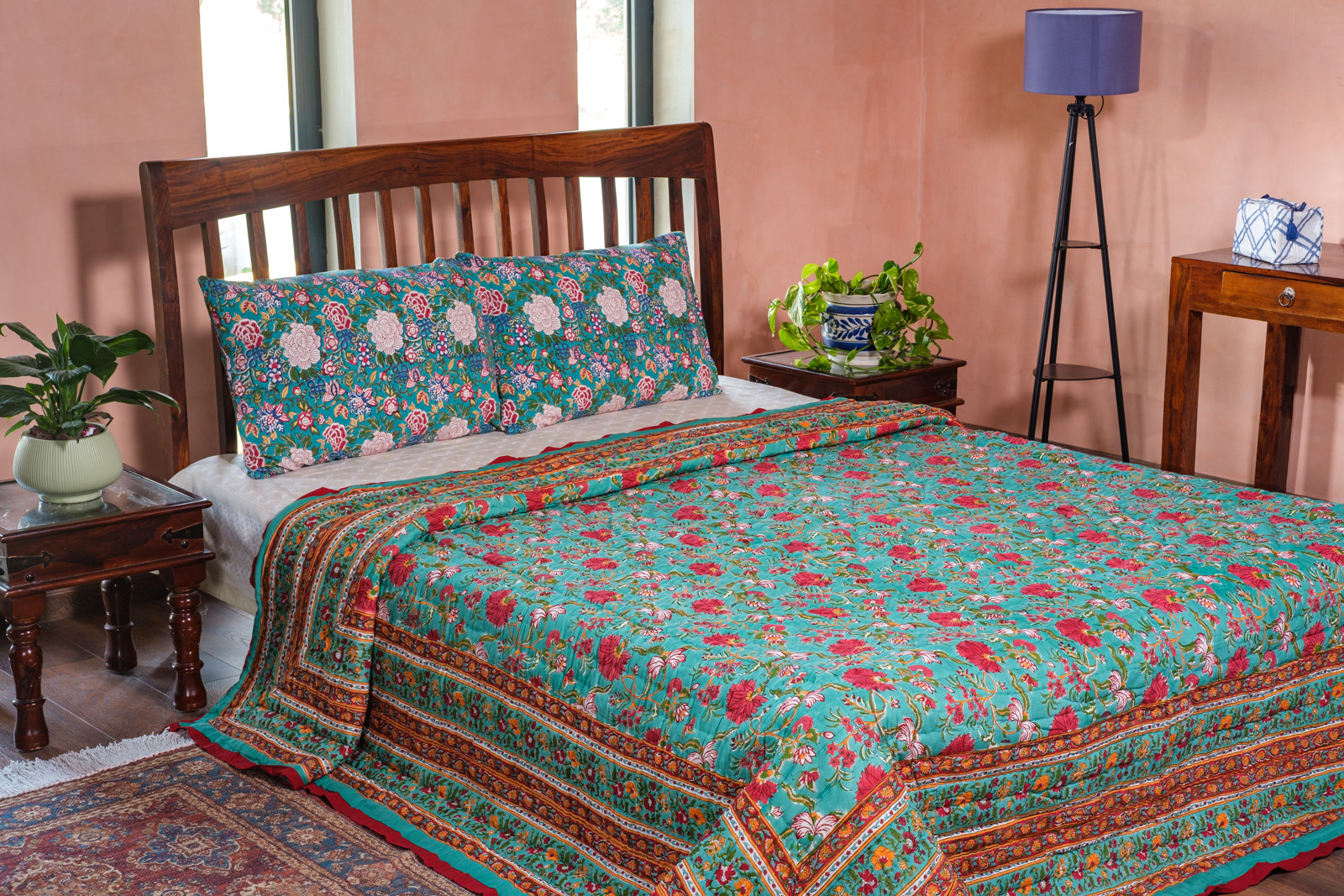 Hand Block Printed Cotton King Size Quilt Flower Blossom Jade 206139