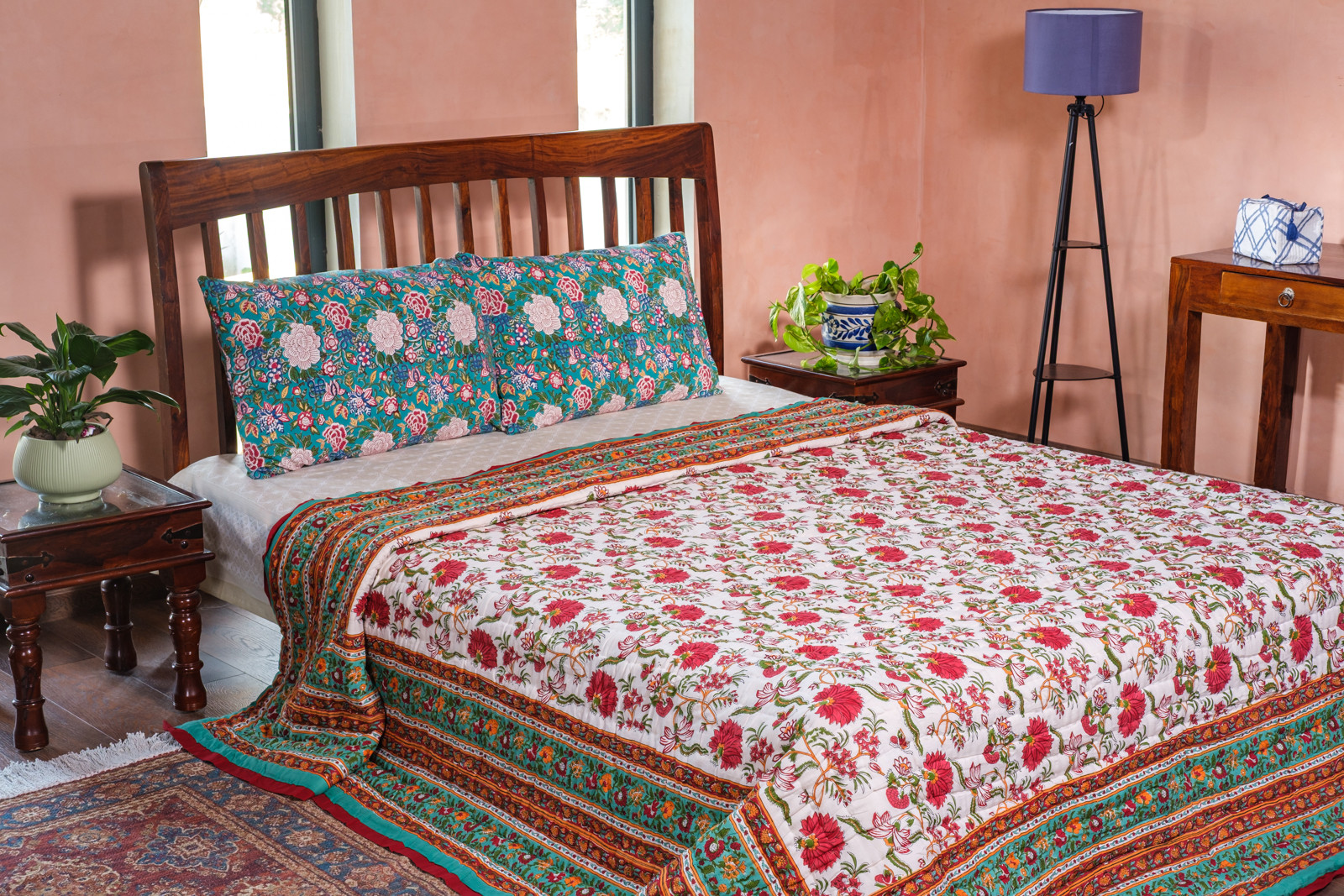 Hand Block Printed Cotton King Size Quilt Flower Blossom Jade 206139