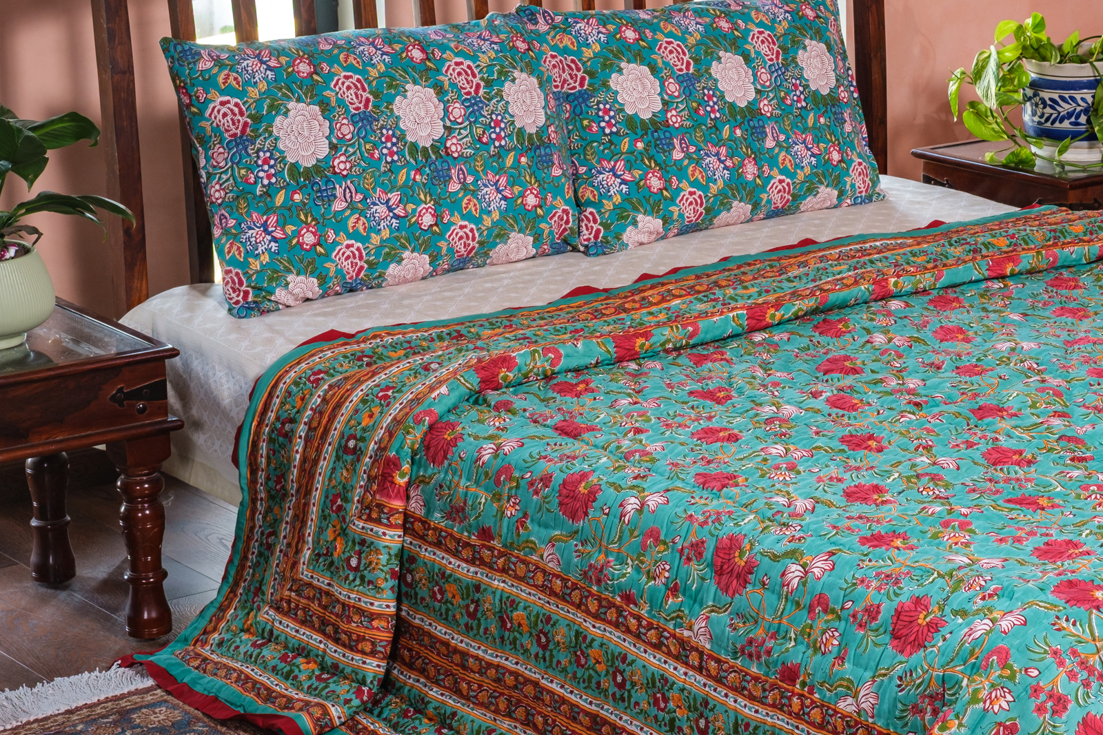 Hand Block Printed Cotton King Size Quilt Flower Blossom Jade 206139