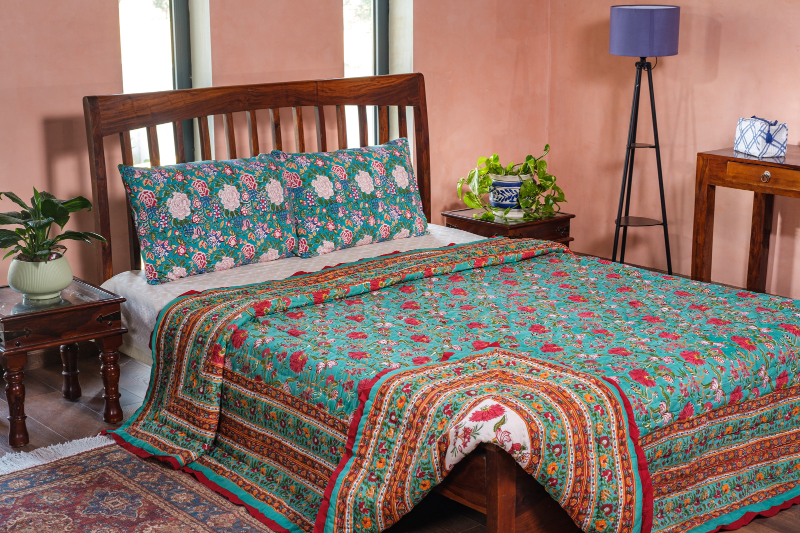 Hand Block Printed Cotton King Size Quilt Flower Blossom Jade 206139