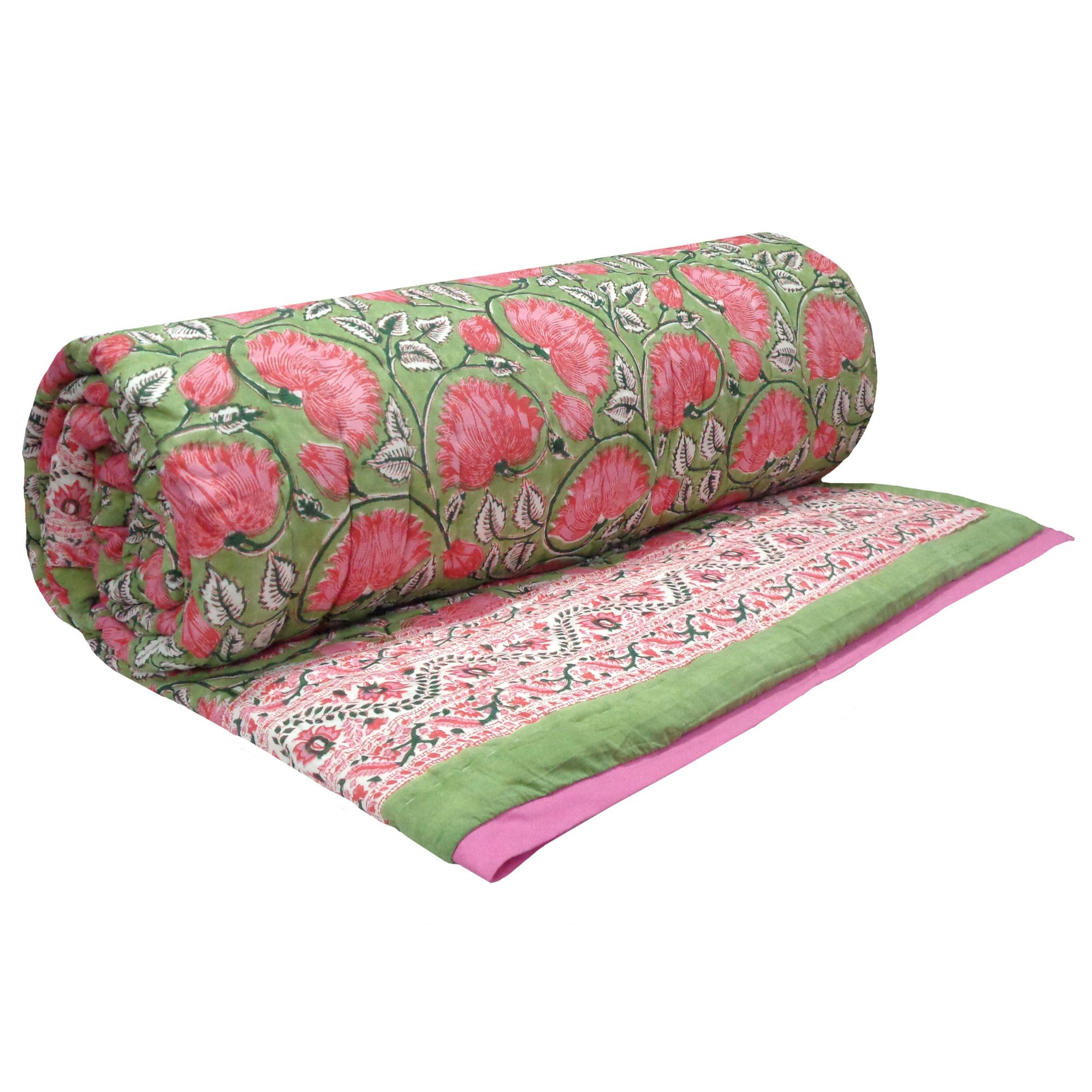 Hand Block Printed Cotton King Size Quilt Kamal Gulabi 102210