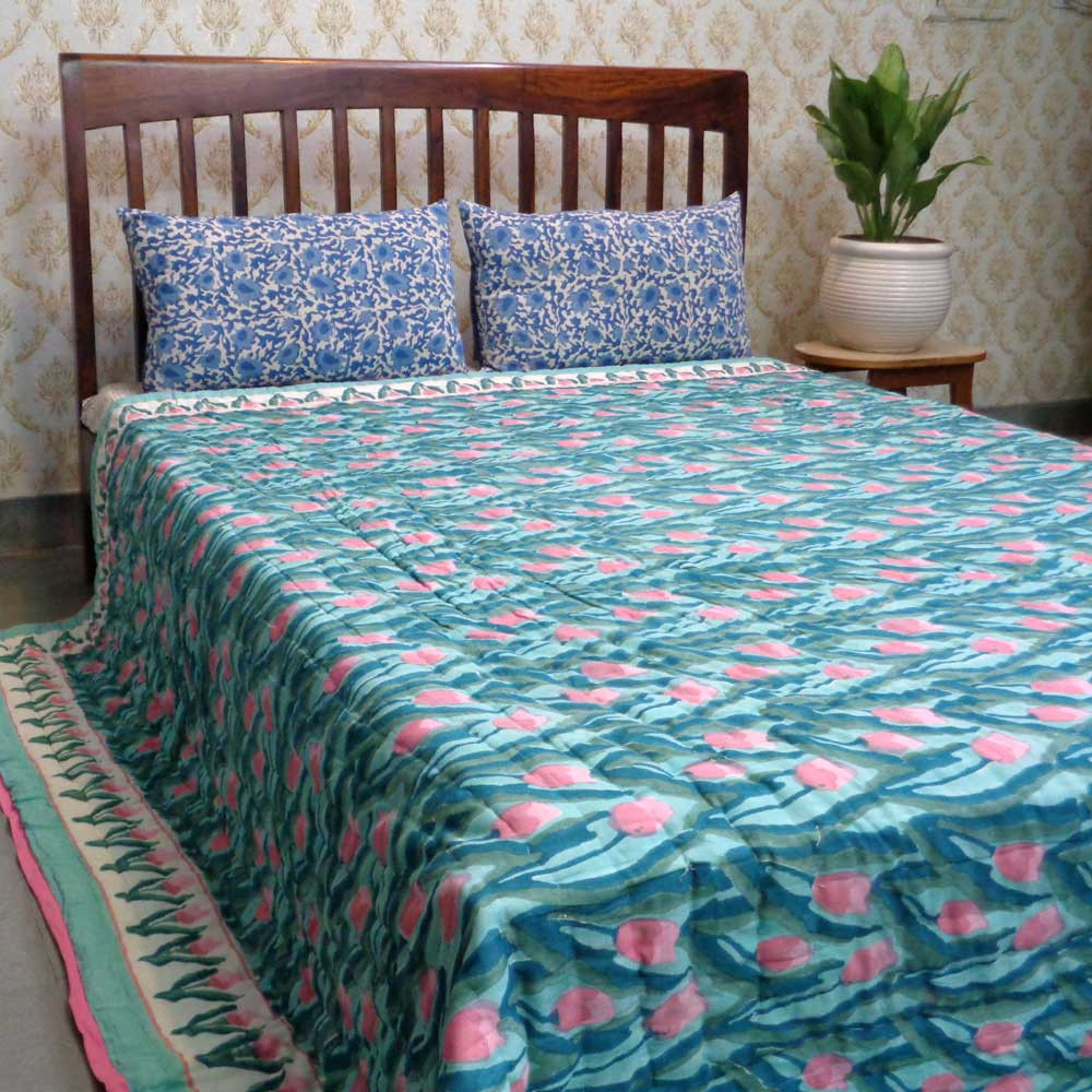 Hand Block Printed Cotton King Size Quilt Lambi Patti Tulip 101497