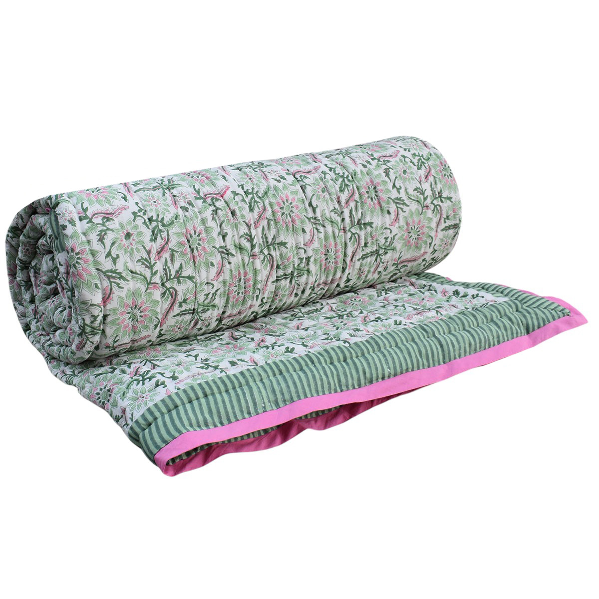 Hand Block Printed Cotton King Size Quilt Madhubala Green 202526