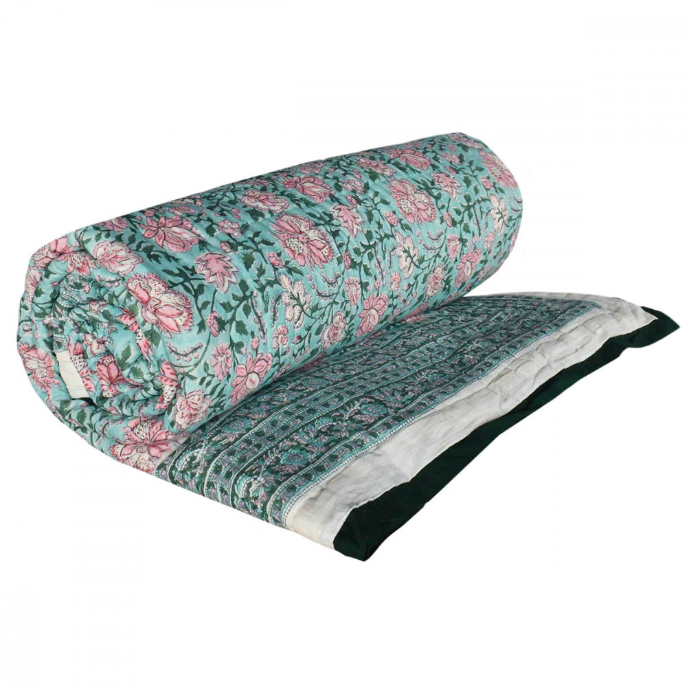 Image of Hand Block Printed Cotton King Size Quilt | Mohini Green Gud 620605