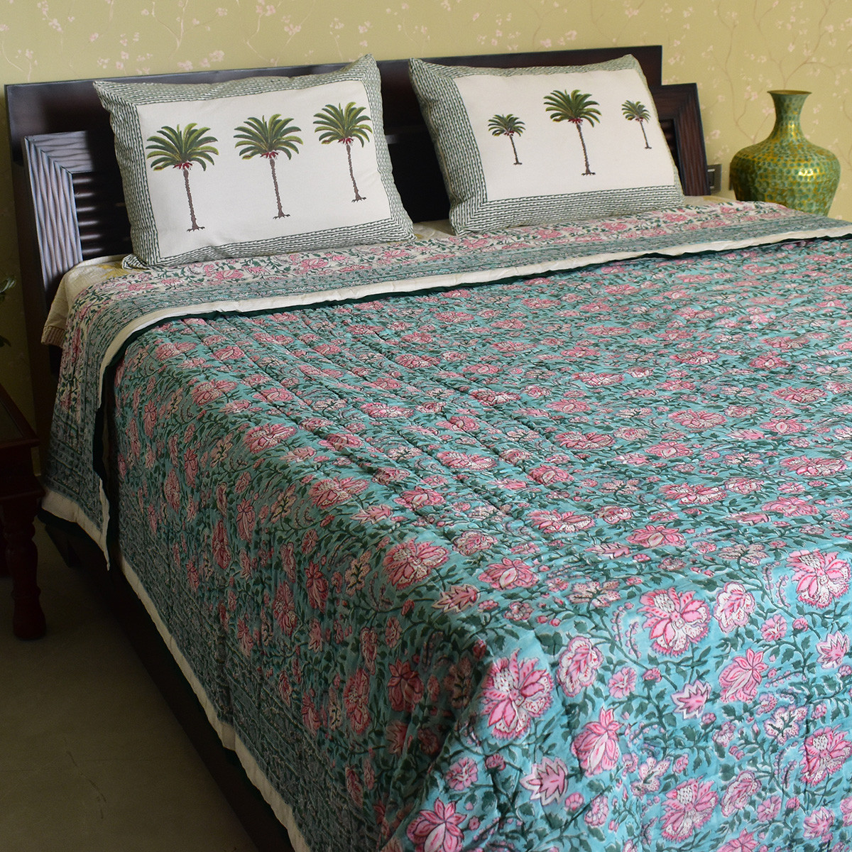 Hand Block Printed Cotton King Size Quilt Mohini Green Gud 620605