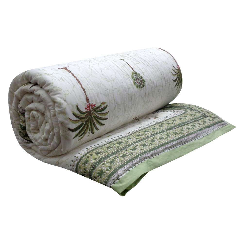 Hand Block Printed Cotton King Size Quilt  Palm Tree Green 109024