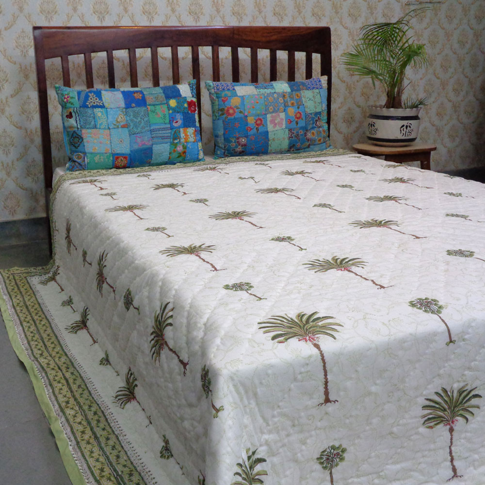 Hand Block Printed Cotton King Size Quilt  Palm Tree Green 109024