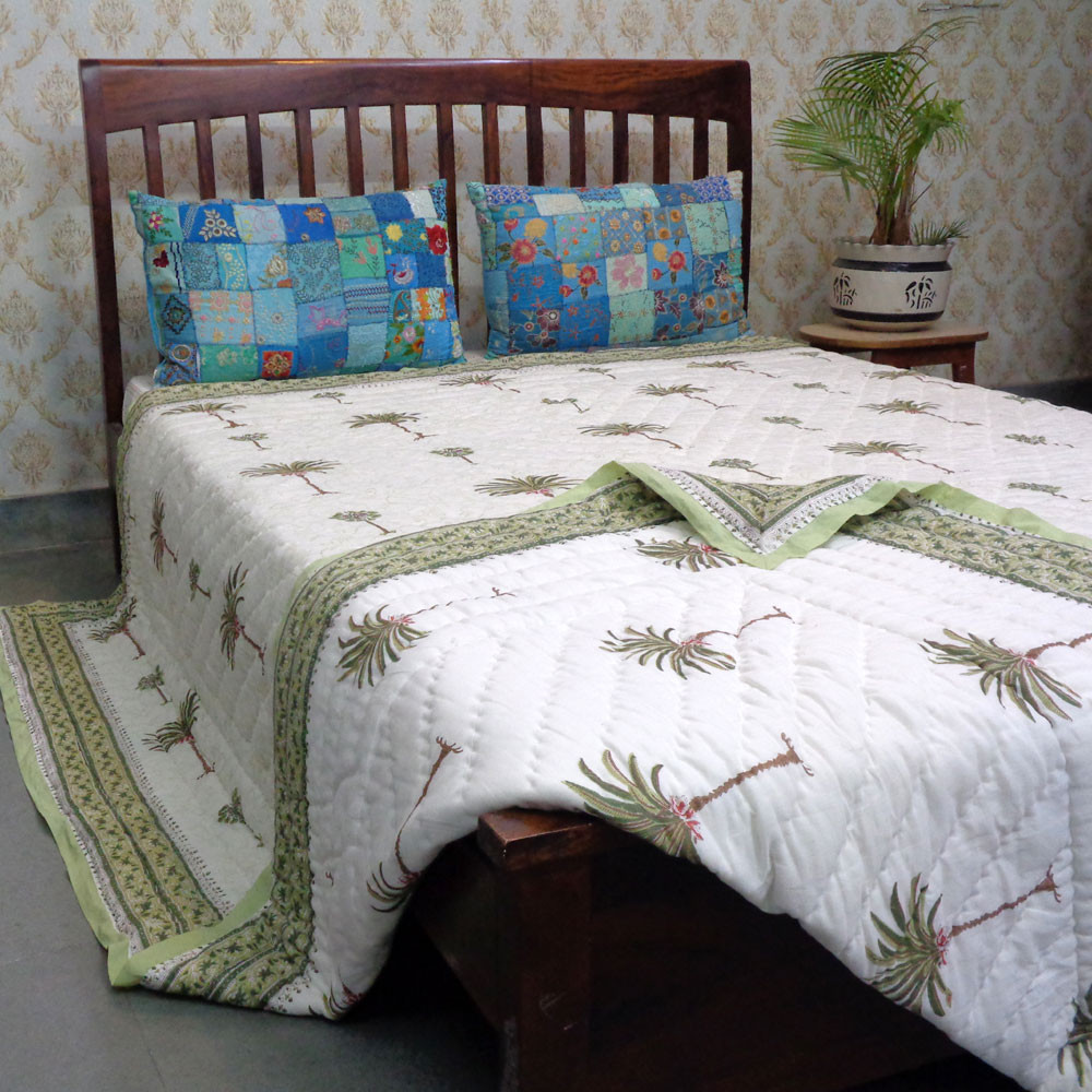Hand Block Printed Cotton King Size Quilt  Palm Tree Green 109024