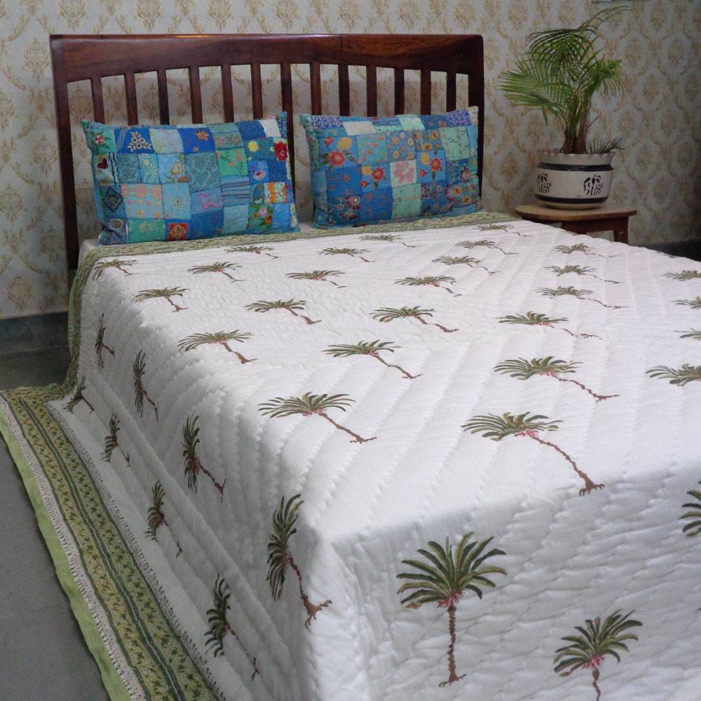 Hand Block Printed Cotton King Size Quilt Palm Tree Green 109024