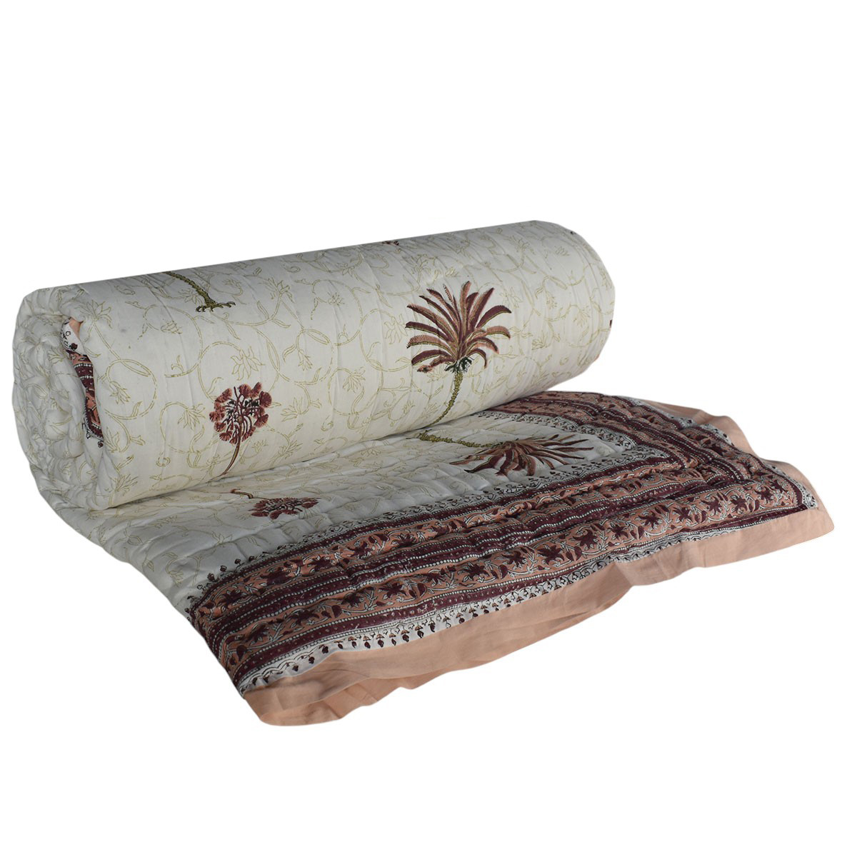 Hand Block Printed Cotton King Size Quilt Palm Tree Pink 203589