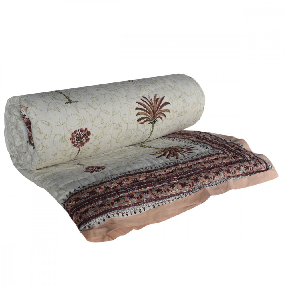 Image of Hand Block Printed Cotton King Size Quilt | Palm Tree Pink 203589