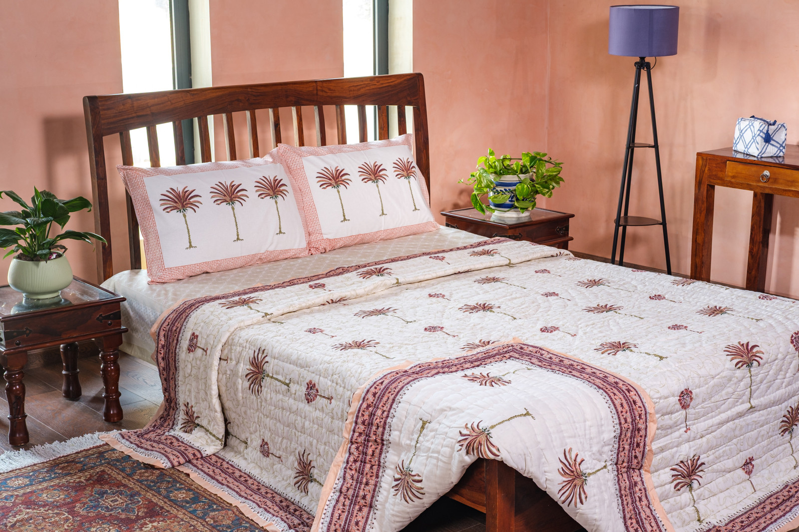 Hand Block Printed Cotton King Size Quilt Palm Tree Pink 203589
