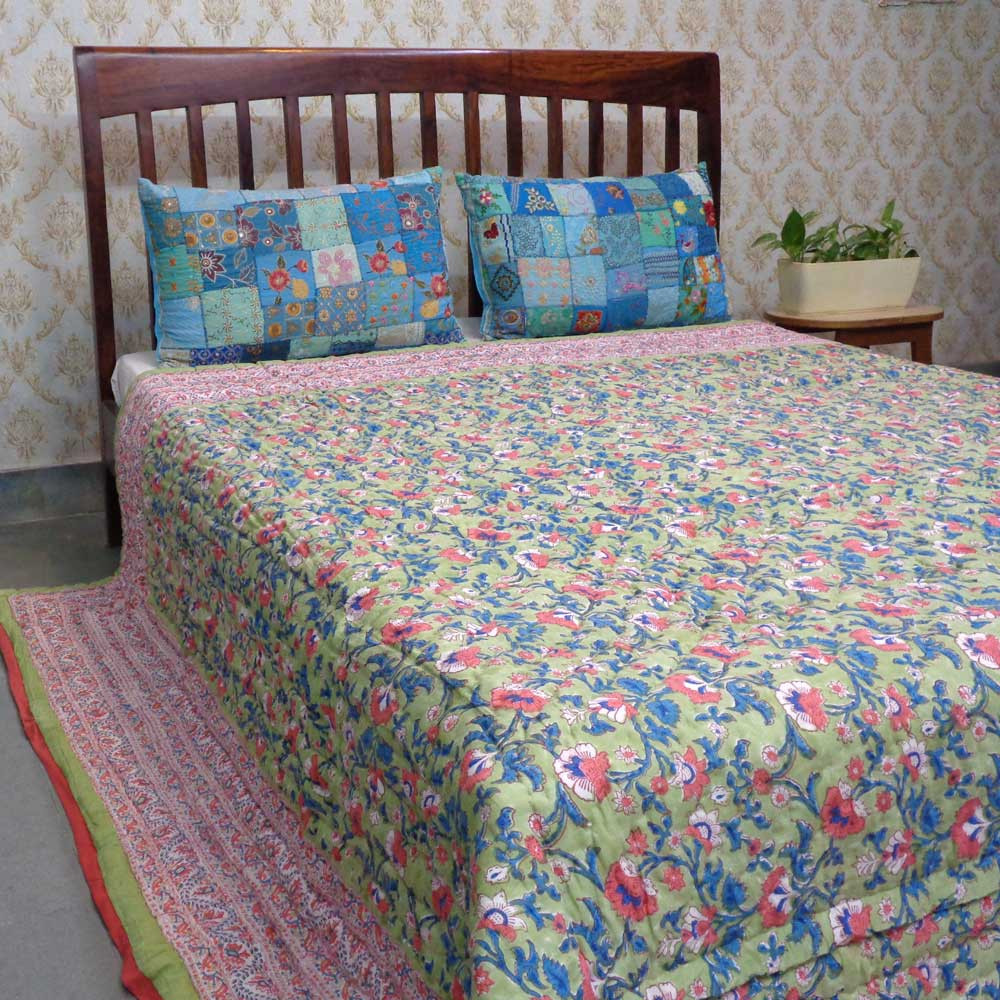 Hand Block Printed Cotton King Size Quilt  Rukhsana Jade Gud 204222