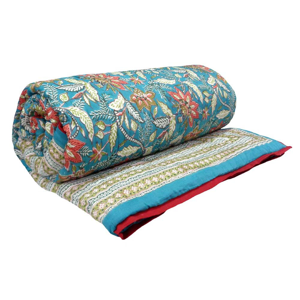 Hand Block Printed Cotton Queen Quilt Bossanova Green Gud 393939