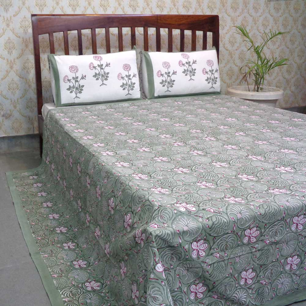 Hand Block Printed Cotton Queen Size Bedspread 208025