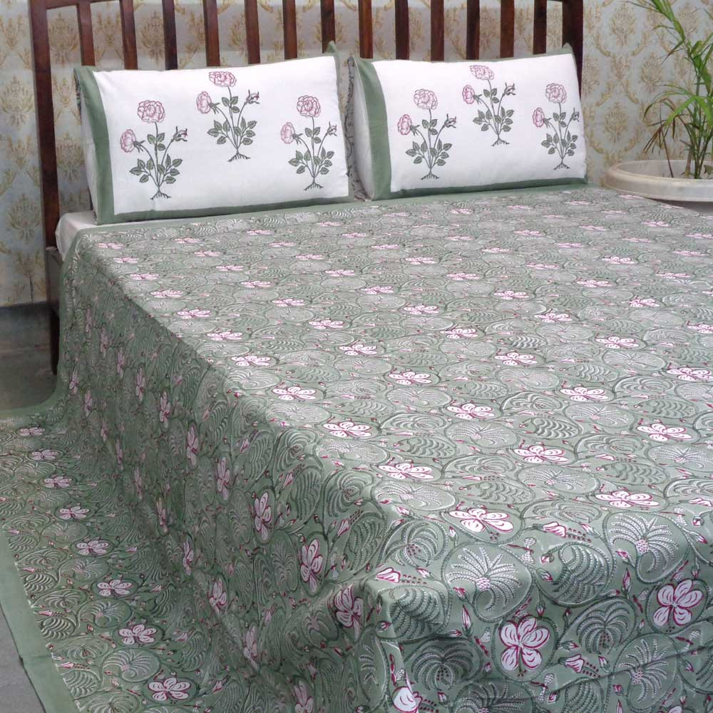 Hand Block Printed Cotton Queen Size Bedspread 208025