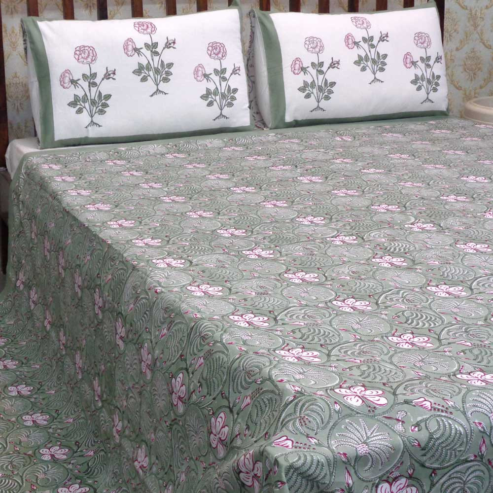 Hand Block Printed Cotton Queen Size Bedspread 208025