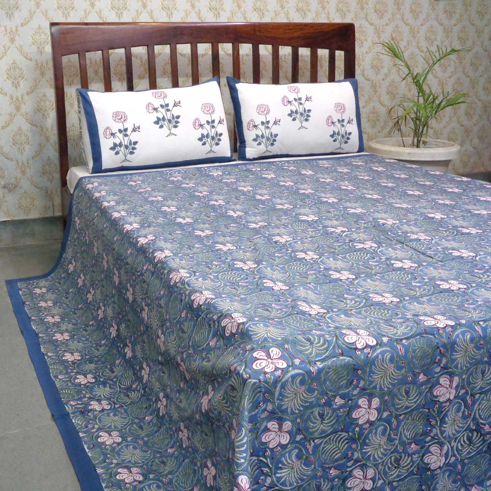 Hand Block Printed Cotton Queen Size Bedspread 208073