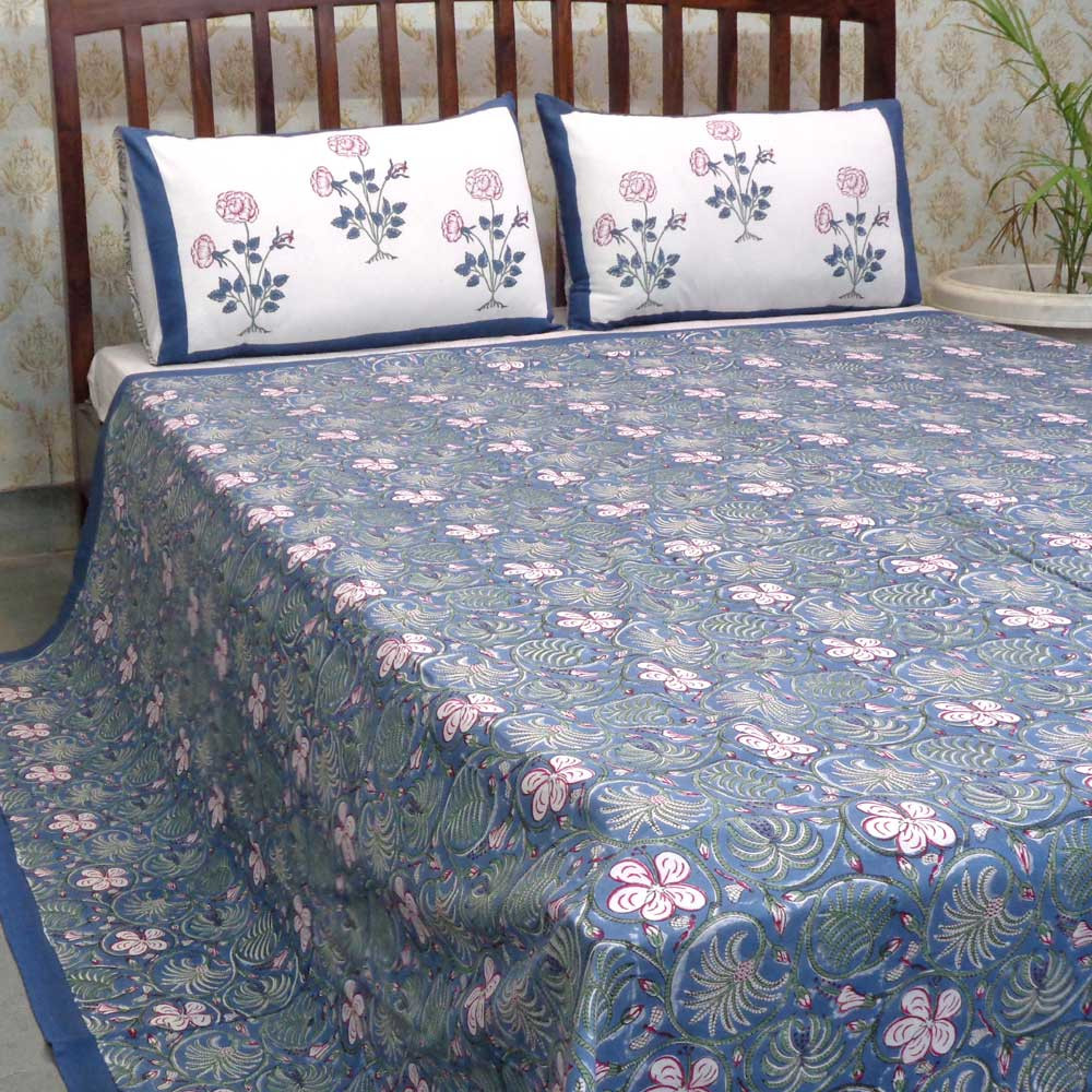 Hand Block Printed Cotton Queen Size Bedspread 208073