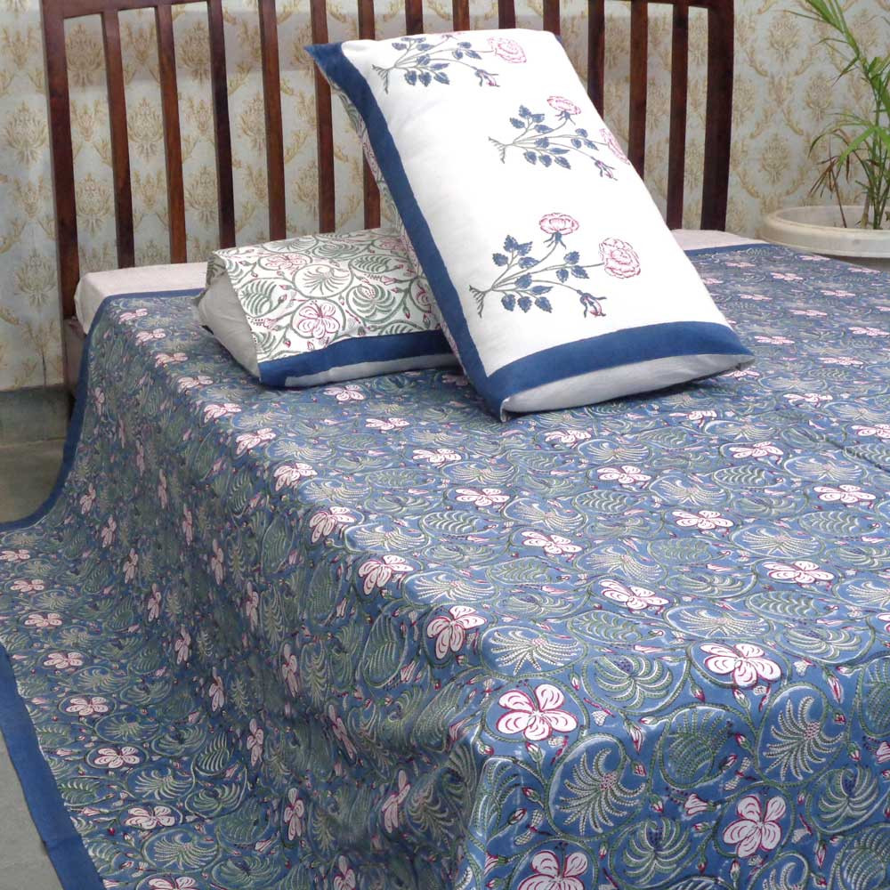 Hand Block Printed Cotton Queen Size Bedspread 208073