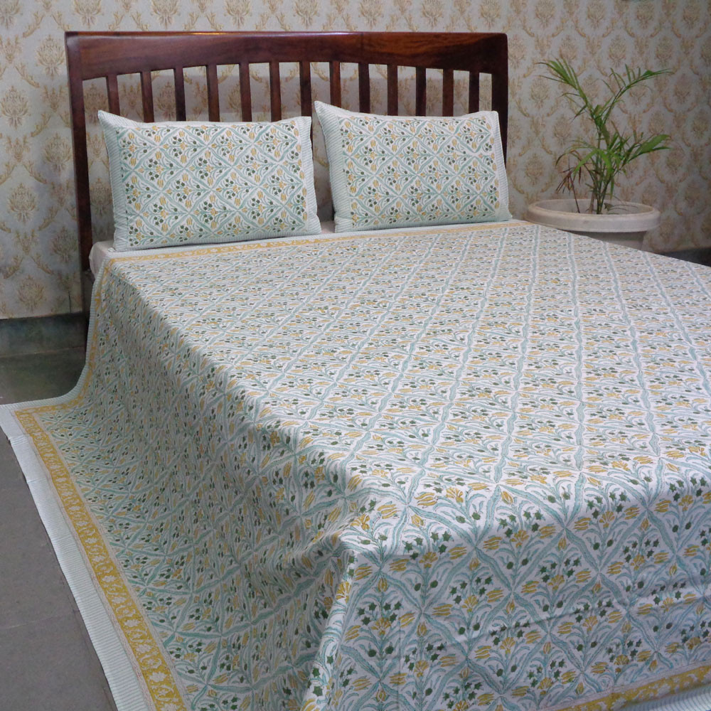 Hand Block Printed Cotton Queen Size Bedspread 208083